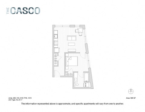 Floor plan for 1 bed, 1 bath, 586 sqft